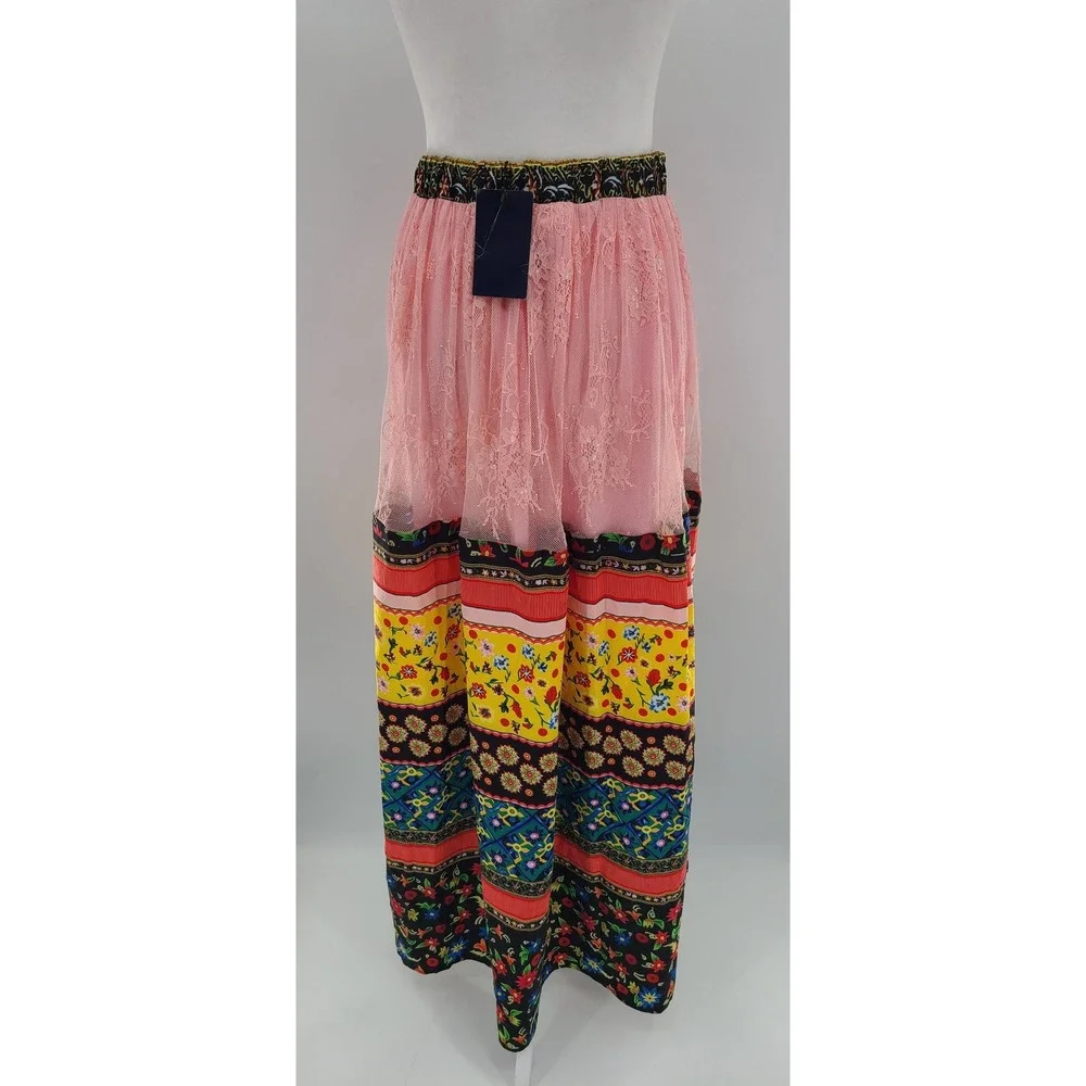 Patchwork Boho Festival‎ Tiered Maxi Women Skirt Size S Layered Floral Lace